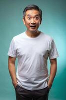 Filipino Athletic Middle-Aged, Stylish, Distinctive, Mockup T Shirt Template, Ideal For A Mockup for Magazine, Wedding, Technology photo