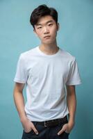 Korean Lean Healthy Teen Boy, Timeless, Harmonious, T Shirt Mockup Model, Suitable For Design Mockups And Print Applications for Magazine, Marketplace, Fashion photo