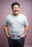 Chinese Obese Gym Guy, Contemporary, Futuristic, White Oversized T-Shirt 3D Rendering, Mock Up T Shirt Concept for Corporate, Non-profit, Creative Agency photo