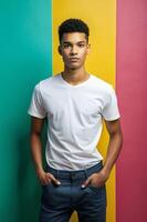 Brazilian Ectomorph Skinny College Boy, Innovative, Polished, White Oversized T-Shirt 3D Rendering, Mock Up T Shirt Concept for Corporate, Photography, Events photo