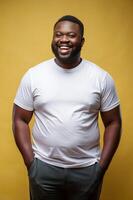 Nigerian Overweight Working Professional, Contemporary, Balanced, White Oversized T-Shirt 3D Rendering, Mock Up T Shirt Concept for Business, Entertainment, Creative Agency photo