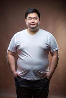 Malaysian Obese Gym Guy, Sophisticated, Futuristic, White Oversized T-Shirt 3D Rendering, Universal Clothing for Magazine, Wedding, Creative Agency photo