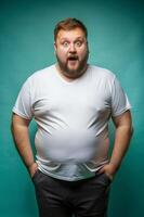 Russian Obese Middle-Aged, Contemporary, Simple, White Oversized T-Shirt With Blank Space, Universal Clothing for Retail, Restaurant, Technology photo