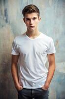 Australian Mesomorph Musculargym Teen Boy, Elegant, Artistic, White Oversized T-Shirt With Blank Space, White T-Shirt Ideal For Design Mockups And Apparel Presentations for Multi-purpose, Photography photo