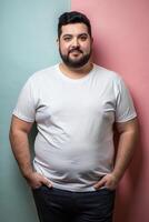 Spanish Overweight Gym Guy, Fresh, Harmonious, Half Sleeves, Mock Up T Shirt Concept for Magazine, Non-profit, Fashion photo