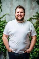 Australian Obese Working Professional, Sophisticated, Polished, White Oversized T-Shirt 3D Rendering, Universal Clothing for Educational, Restaurant, Creative Agency photo