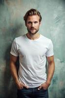 Swedish Endomorph Fatty Working Professional, Contemporary, Harmonious, White Oversized T-Shirt With Blank Space, Mock Up T Shirt Concept for News, Entertainment, Fashion photo