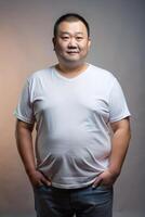Chinese Overweight Middle-Aged, Sleek, Harmonious, T Shirt Mockup Model, T Shirt White Model for Retail, Real Estate, Technology photo