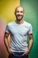 Italian Ectomorph Skinny Working Professional, Elegant, Distinctive, White Oversized T-Shirt With Blank Space, Ideal For A Mockup for Business, Real Estate, Fashion photo