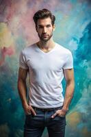 European Ectomorph Skinny Working Professional, Refined, Balanced, White Oversized T-Shirt With Blank Space, T Shirt White Model for Portfolio, Personal, Events photo