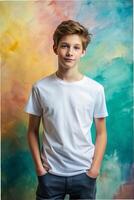 German Rectangular Teen Boy, Contemporary, Simple, Realistic T Shirt Mockup, White T-Shirt Ideal For Design Mockups And Apparel Presentations for Portfolio, Marketplace, Music photo