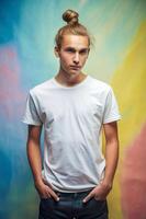 Swedish Lean Healthy Teen Boy, Sophisticated, Simple, White Oversized T-Shirt With Blank Space, White T-Shirt Ideal For Design Mockups And Apparel Presentations for E-commerce, Entertainment photo