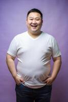 Chinese Obese Gym Guy, Fresh, Streamlined, White Oversized T-Shirt 3D Rendering, Mock Up T Shirt Concept for Business, Entertainment, Events photo