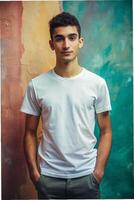 Egyptian Underweight College Boy, Contemporary, Distinctive, Realistic T Shirt Mockup, Suitable For Design Mockups And Print Applications for News, Wedding, Music photo