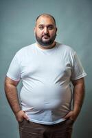 Egyptian Obese Middle-Aged, Fresh, Bold, Half Sleeves, T Shirt White Model for Portfolio, Non-profit, Events photo