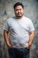 Indonesian Overweight Adult, Sleek, Harmonious, Half Sleeves, White T-Shirt Ideal For Design Mockups And Apparel Presentations for Blog, Community, Events photo