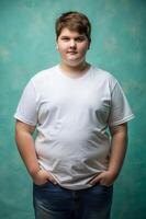 European Endomorph Fatty Teen Boy, Stylish, Streamlined, Half Sleeves, T Shirt White Model for Business, Entertainment, Fashion photo