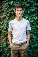 Spanish Ectomorph Skinny Teen Boy, Timeless, Balanced, Unisex T Shirt Mockup, Suitable For Design Mockups And Print Applications for Multi-purpose, Health and Fitness, Events photo