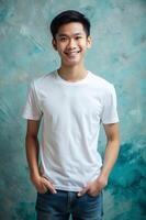 Malaysian Ectomorph Skinny College Boy, Refined, Streamlined, Unisex T Shirt Mockup, White T-Shirt Ideal For Design Mockups And Apparel Presentations for Business, Photography, Technology photo