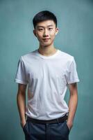 Chinese Ectomorph Skinny College Boy, Refined, Simple, Half Sleeves, Suitable For Design Mockups And Print Applications for E-commerce, Marketplace, Events photo