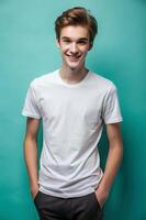 Australian Underweight College Boy, Chic, Crisp, White Oversized T-Shirt With Blank Space, White T-Shirt Ideal For Design Mockups And Apparel Presentations for Corporate, Marketplace, Music photo