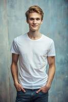 Swedish Underweight Adult, Stylish, Distinctive, White Oversized T-Shirt With Blank Space, Suitable For Design Mockups And Print Applications for Magazine, Personal, Music photo