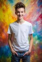 Canadian Ectomorph Skinny Teen Boy, Contemporary, Balanced, T Shirt Mockup Model, Suitable For Design Mockups And Print Applications for E-commerce, Restaurant, Events photo