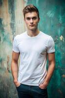 Australian Endomorph Fatty College Boy, Chic, Bold, White Oversized T-Shirt With Blank Space, Ideal For A Mockup for Magazine, Restaurant, Creative Agency photo