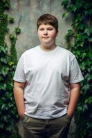 American Overweight Teen Boy, Stylish, Crisp, Realistic T Shirt Mockup, Suitable For Design Mockups And Print Applications for Retail, Restaurant, Music photo