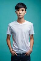 Chinese Ectomorph Skinny College Boy, Elegant, Distinctive, White Oversized T-Shirt With Blank Space, Ideal For A Mockup for E-commerce, Community, Creative Agency photo