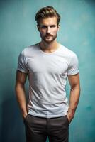 Swedish Hourglass Working Professional, Elegant, Futuristic, White Oversized T-Shirt With Blank Space, Ideal For A Mockup for Business, Restaurant, Fashion photo