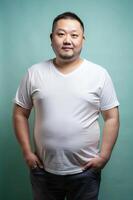 Vietnamese Overweight Middle-Aged, Sleek, Simple, Mockup T Shirt Template, Template Of Fashion Clothes for Magazine, Personal, Music photo