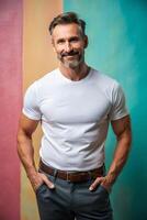 Dutch Mesomorph Musculargym Middle-Aged, Fresh, Crisp, White Oversized T-Shirt 3D Rendering, Mock Up T Shirt Concept for Corporate, Travel, Music photo