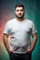 Turkish Obese College Boy, Chic, Crisp, T Shirt Mockup Model, Template Of Fashion Clothes for Portfolio, Photography, Creative Agency photo