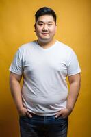 Vietnamese Overweight Adult, Timeless, Harmonious, White Oversized T-Shirt 3D Rendering, Mock Up T Shirt Concept for News, Restaurant, Music photo