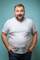 Russian Obese Middle-Aged, Contemporary, Balanced, Realistic T Shirt Mockup, Mock Up T Shirt Concept for Retail, Photography, Events photo