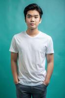 Filipino Endomorph Fatty College Boy, Timeless, Distinctive, Realistic T Shirt Mockup, T Shirt White Model for E-commerce, Entertainment, Technology photo