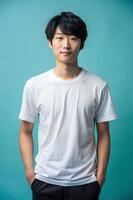 Japanese Athletic College Boy, Chic, Bold, T Shirt Mockup Model, Suitable For Design Mockups And Print Applications for Multi-purpose, Health and Fitness, Music photo
