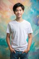 Vietnamese Rectangular Teen Boy, Innovative, Bold, White Oversized T-Shirt With Blank Space, White T-Shirt Ideal For Design Mockups And Apparel Presentations for E-commerce, Non-profit photo