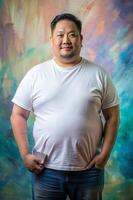 Filipino Obese Middle-Aged, Chic, Harmonious, Realistic T Shirt Mockup, T Shirt White Model for Multi-purpose, Wedding, Technology photo