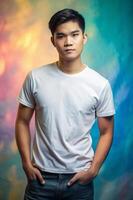 Filipino Ectomorph Skinny College Boy, Elegant, Simple, T-Shirt 3D Rendering, T Shirt White Model for Multi-purpose, Photography, Fashion photo