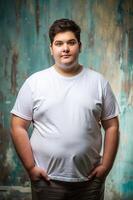 Brazilian Overweight College Boy, Elegant, Bold, Half Sleeves, White T-Shirt Ideal For Design Mockups And Apparel Presentations for Magazine, Community, Technology photo