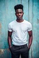 Nigerian Underweight College Boy, Timeless, Crisp, White Oversized T-Shirt With Blank Space, Suitable For Design Mockups And Print Applications for Corporate, Health and Fitness, Technology photo