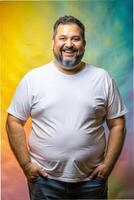 Brazilian Obese Middle-Aged, Timeless, Futuristic, T-Shirt 3D Rendering, White T-Shirt Ideal For Design Mockups And Apparel Presentations for News, Non-profit, Creative Agency photo