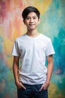 Filipino Ectomorph Skinny Teen Boy, Innovative, Balanced, Realistic T Shirt Mockup, White T-Shirt Ideal For Design Mockups And Apparel Presentations for Retail, Restaurant, Events photo