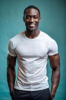 Kenyan Ectomorph Skinny Gym Guy, Fresh, Streamlined, White Oversized T-Shirt 3D Rendering, T Shirt White Model for Portfolio, Marketplace, Events photo