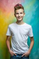 American Rectangular Teen Boy, Elegant, Streamlined, T Shirt Mockup Model, White T-Shirt Ideal For Design Mockups And Apparel Presentations for Magazine, Personal, Technology photo