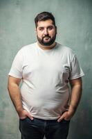 Italian Overweight Gym Guy, Elegant, Crisp, White Oversized T-Shirt With Blank Space, White T-Shirt Ideal For Design Mockups And Apparel Presentations for News, Travel, Fashion photo