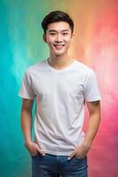 Vietnamese Underweight College Boy, Timeless, Streamlined, T Shirt Mockup Model, Template Of Fashion Clothes for Blog, Travel, Music photo