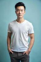 Asian Ectomorph Skinny Working Professional, Stylish, Polished, Realistic T Shirt Mockup, Template Of Fashion Clothes for Multi-purpose, Photography, Music photo